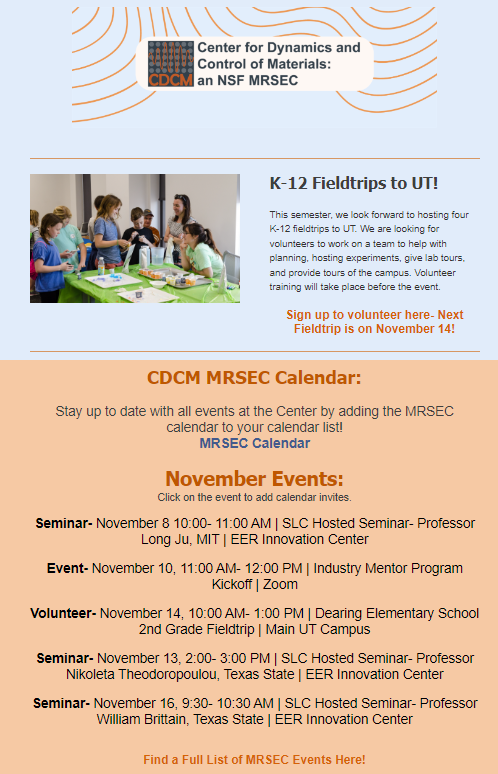 Screenshot of CDCM Newsletter with CDCM header at top, invitation to a field trip in the middle and the CDCM MRSEC Calendar at the bottom