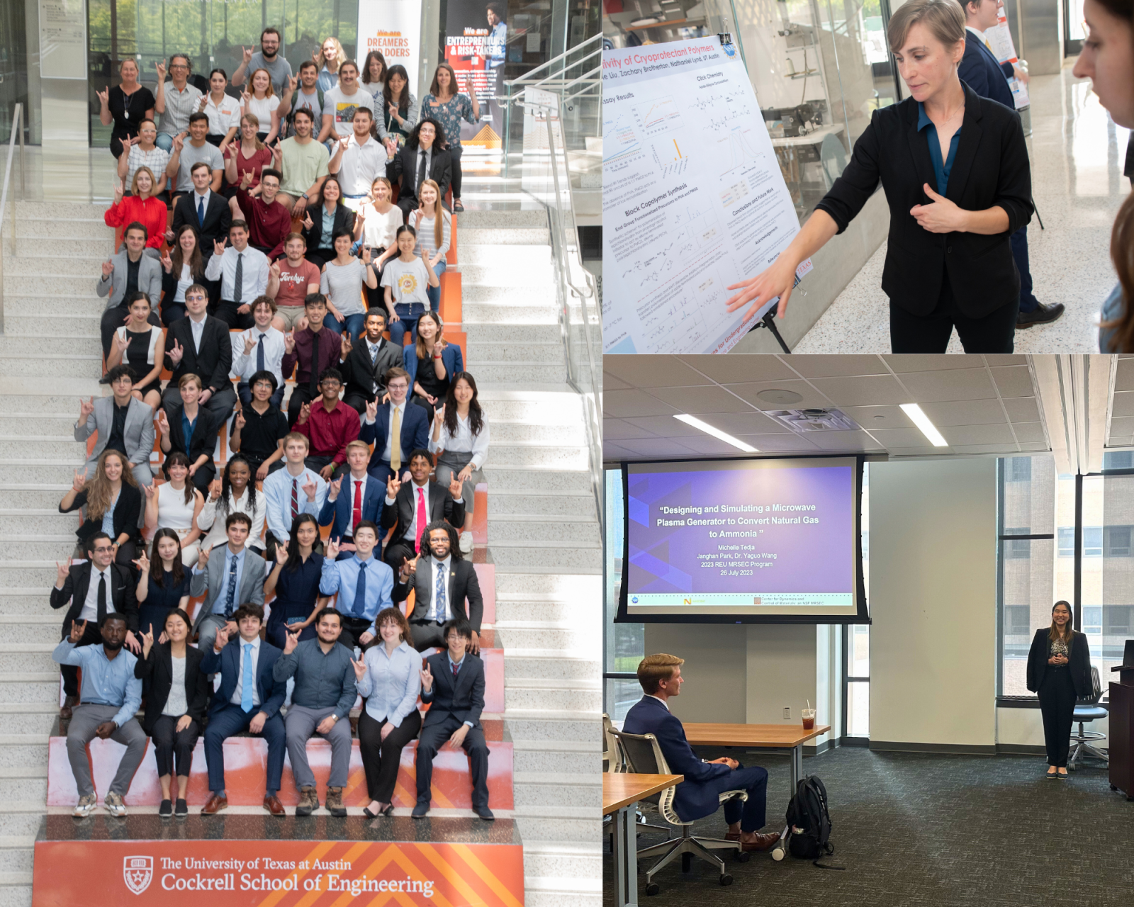 Collage of REU group photo, REU presenting poster, and REU presenting research presentation