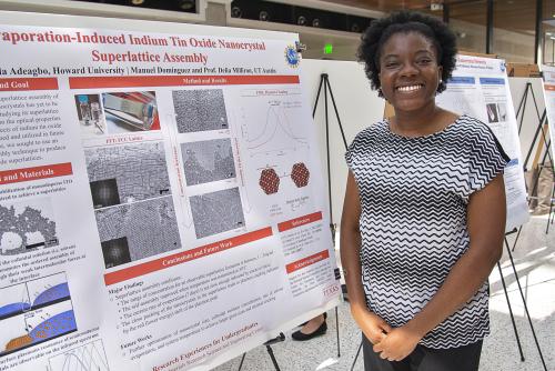 Adebola Adeagbo, past REU student, stands before her research poster during the end of summer poster symposium.