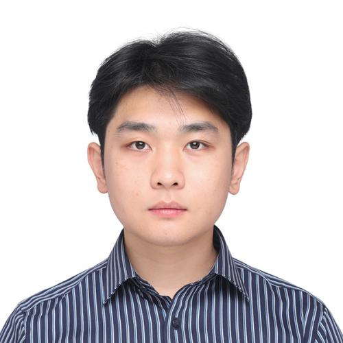 Headshot of Jiajun on a white background, he is wearing a striped collared shirt. 