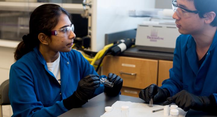 Two of Prof. Brian Korgel's graduate students sit at a lab bench discussing results.